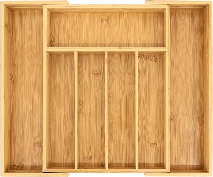VaeFae Bamboo Drawer Organizer, Medium, Natural | Kitchen Utensil Holder, Multi-Function Drawer Storage，38 cm D x 29.2-45.7 cm W, 5-7 Slots, Natural