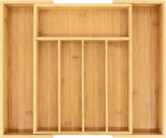 VaeFae Bamboo Drawer Organizer, Medium, Natural | Kitchen Utensil Holder, Multi-Function Drawer Storage，38 cm D x 29.2-45.7 cm W, 5-7 Slots, Natural