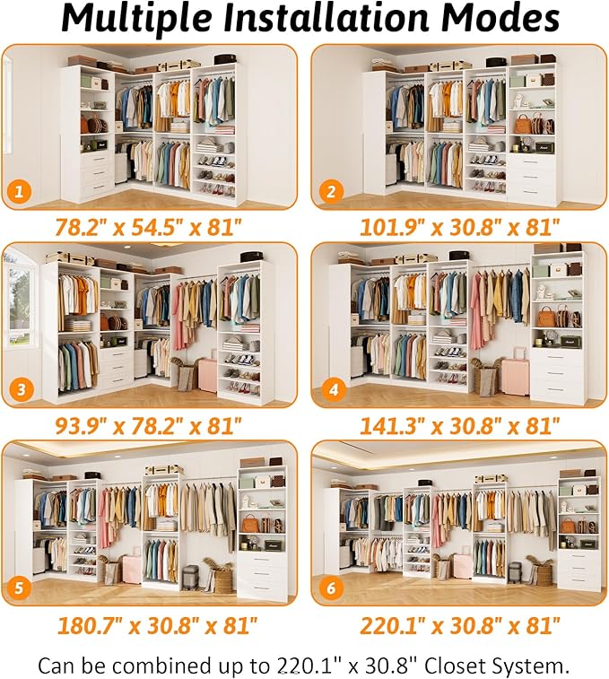 Closet Organizer System of 4 Sets with 3 Drawers, 9 Hanging Rods & 8 Shelves, 157" Walk in Closet System, Corner Closet Organizer, Modular Standalone Closet, White