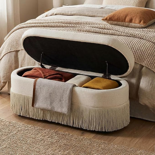 39.4“ Boho Storage Ottoman Bench with Tassels,Upholstered End of Bed Bench | Linen Oval Ottoman with Storage, Entryway Foot Rest for Bedroom, Lift-Top Lid with Safety Hinge, Living Room, Beige