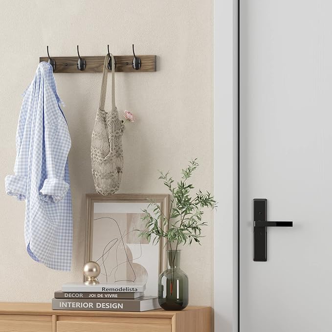 VERTORGAN 1 Pack Wall Mounted Wooden Hat Rack,4 Hooks Entryway(Brown) | Wood Coat Hooks,Wall Hooks for Hanging,Hat Rack Bag Hanger Key Holder for Wall,Purse Hanger Towel Racks for Bathroom
