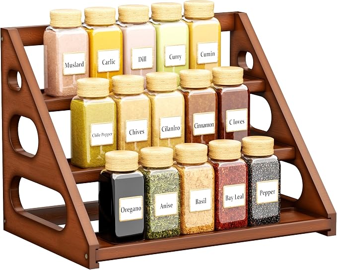 Spice Rack - Tiered Spice Rack Organization for Cabinet - 3 Tier Bamboo Display Spice Shelf for Countertop