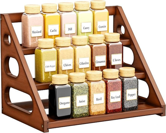 Spice Rack - Tiered Spice Rack Organization for Cabinet - 3 Tier Bamboo Display Spice Shelf for Countertop