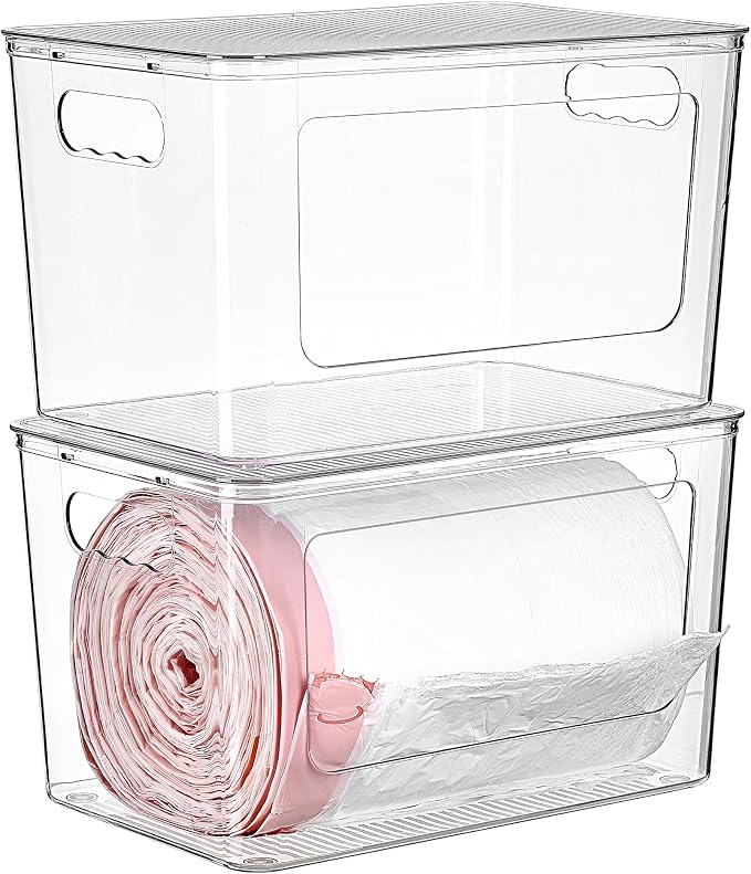 Vtopmart 2 Pack Clear Trash Bag Holder, Stackable Garbage Bag Dispenser | Trash Bag Organizer for 13/30/33 Gallon Bags, Clear Organizer Bins for Under Kitchen Sink, Laundry Room Organization