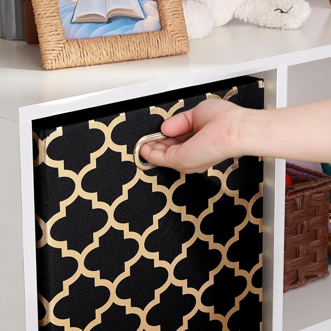 Posprica 11x11x11 Storage Cube Bins, Collapsible Storage Bins Fabric Storage Cubes Organizer Baskets Box Drawers for Shelves, Closet, Wardrobe, Bookshelf, Cabinet (Set of 4, Black/Gold lantern)
