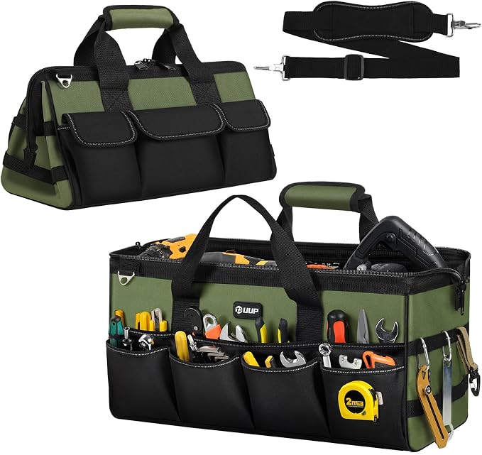 UUP Tool Bag Extra Large 20", Heavy Duty Spacious Tool Box Organizer, Green | 16 Pockets & MOLLE. Detachable Strap & Handle. Non-slip Base, Metal Buckle. 30lb Holds Drill/Tool on Truck, Garage, Men Gift.
