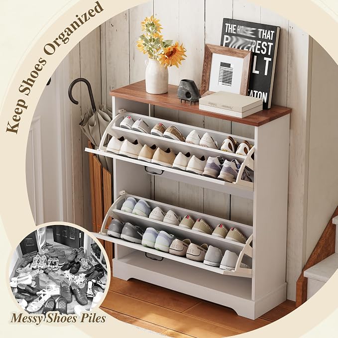 Semiocthome Farmhouse Shoe Storage Cabinet with 2 Flip Drawers, 31.5"(W) Freestanding Shoe Organizer with Barn Door and Metal Handles for Entryway, Rustic Narrow Slim Shoe Rack Cabinet - White