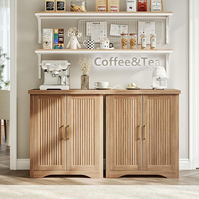 29" Fluted Sideboard Buffet Cabinet with Storage,Natural Oak | Modern Credenza with 2 Doors & Adjustable Shelves,Coffee Bar Table Console for Dining Room Kitchen Living Room Entryway