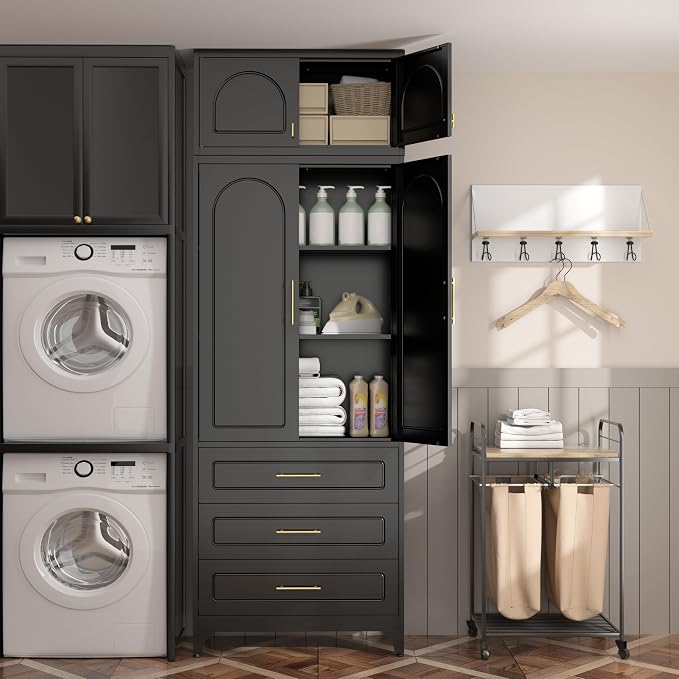 SteeLoong 90”Kitchen Pantry Cabinet, Metal Storage Cabinet with 3 Drawers | Black Pantry Cabinets for Kitchen Storage with 2 Adjustable Shelves,Tall Freestanding Cupboard for Living Room,Kitchen,Garage