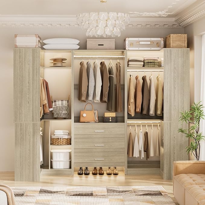 Aheaplus Closet System with 3 Drawers, 5 Hanging Rods & Corner Tower, Corner Closet System with Hanging, 88.8" U-Shaped Walk-In Wardrobe Organizer, 2000+ lbs Capacity, Set of 3, White Oak
