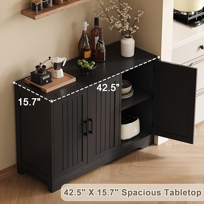 ChooChoo Modern Sideboard Buffet Cabinet with Adjustable Shelves | Coffee Bar Storage Cabinet, 3 Doors, for Kitchen, Dining Room, Living Room, Black