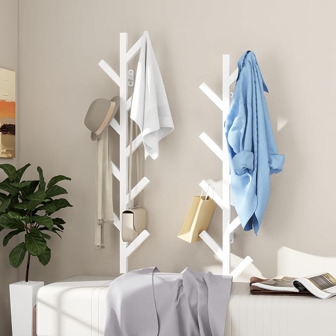 Prywot Vertical Hat Rack, Metal Coat Rack Wall Mounted, White, 37.8" | 9 Hooks, Space-saving wall-mounted design, for Hats, Jackets, Coats, and Bags - Suitable for Entryways and Bedrooms