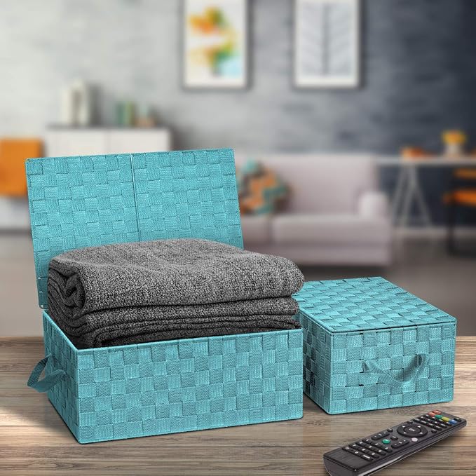 Sorbus Set of 3 Hand-Woven Storage Baskets with Lids (Aqua) – Mesh Bins for Closet, Shelf, or Pantry Organization – Variety Pack for Home and Office Storage