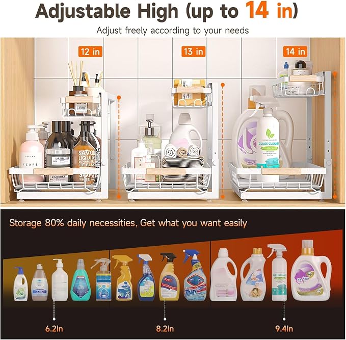Sevenblue 2-Pack 2-Tier Height Adjustable Under Sink Organizer & Storage | Multi-purpose storage for kitchen & bathroom cabinet. Extra Large white shelf, height adjustable design for space-saving.