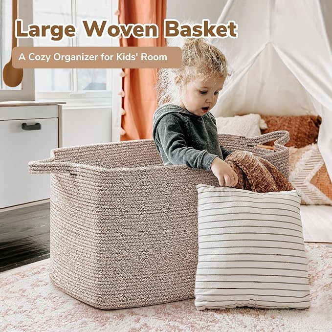 Goodpick Extra Large Woven Blanket Basket, Rectangle Storage, Brown | 85L, 23.6 x 15.7 x 13.8 in, Cotton Rope, Living Room, Bedroom & Nursery Organization, Blankets, Toys & Clothes Storage