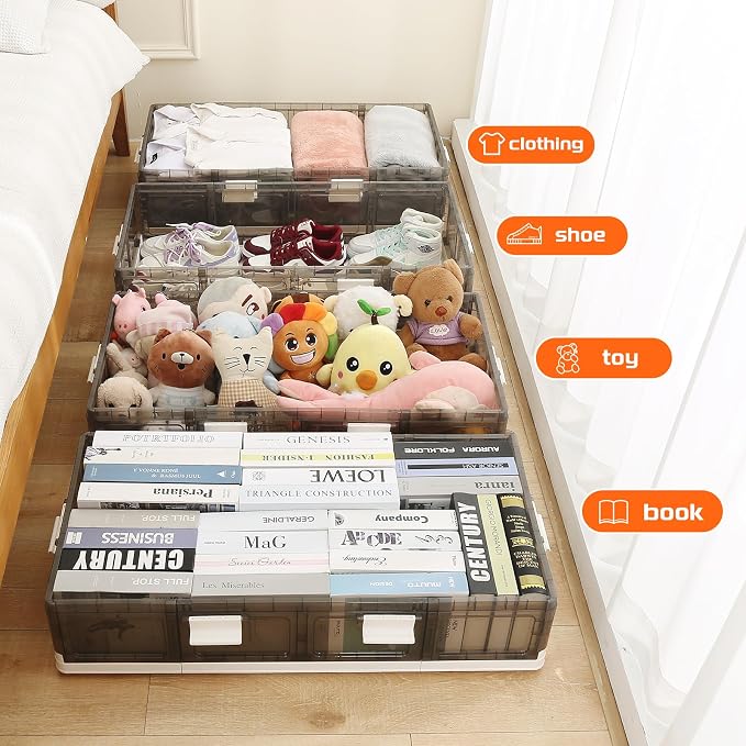 Under Bed Storage Containers with Wheels - Stackable, Foldable Plastic Storage Boxes with Lids for Clothes, Shoes, Blankets - Perfect for Bedroom Organization and Dorms (2 Pack-25.2''x16.5''x7.1'')