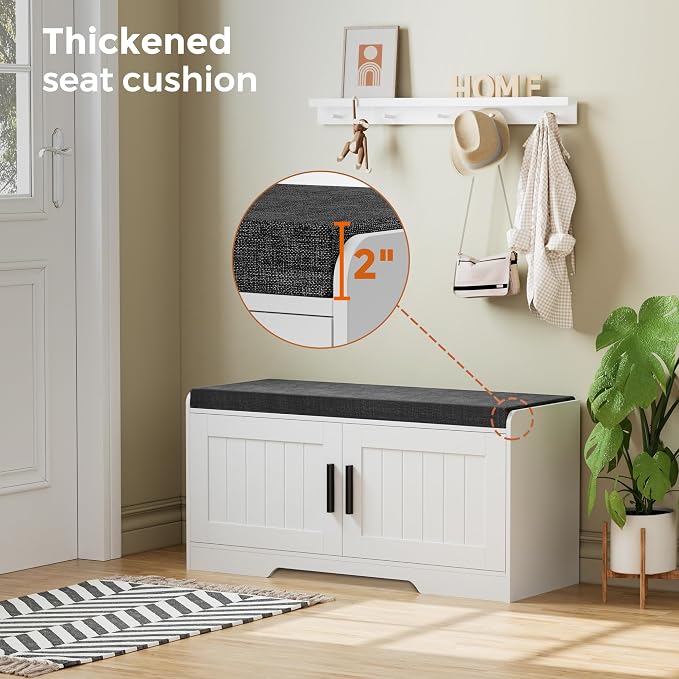 Homleke Shoe Storage Bench, 2 Doors & Thickened Padded Seat Cushion | 2-Tier Shoe Bench, Entryway Bench, Adjustable Shelf, 13.8" D x 37.4" W x 18.5" H, for Living Room, Bedroom, White
