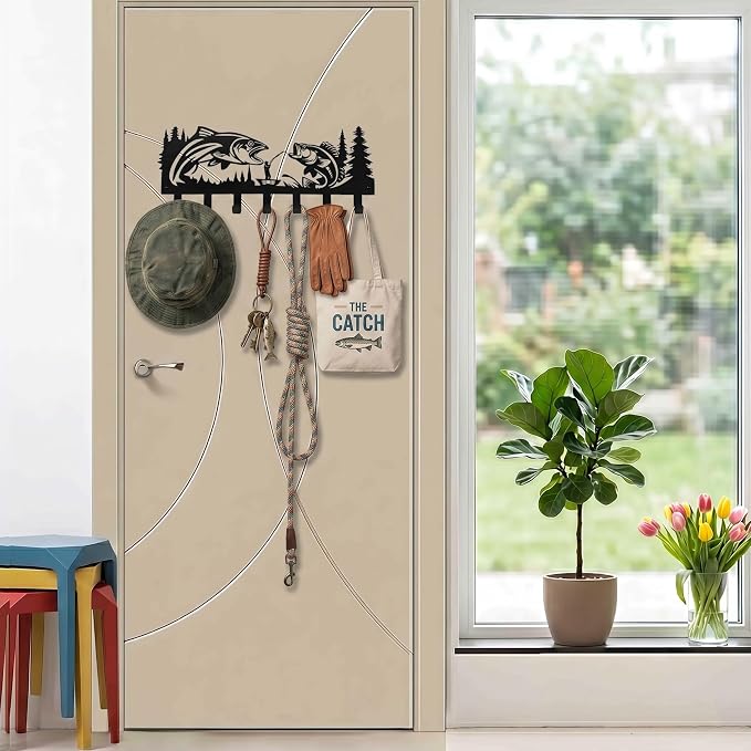 Black Metal Fishing Decor Wall Hooks, Fish Hooks Key Holder Wall Mount for Hanging Key Hat Coat, Animal Theme Hook Rack for Entryway Hallway Bedroom Bathroom, Gifts for Fishing Enthusiasts