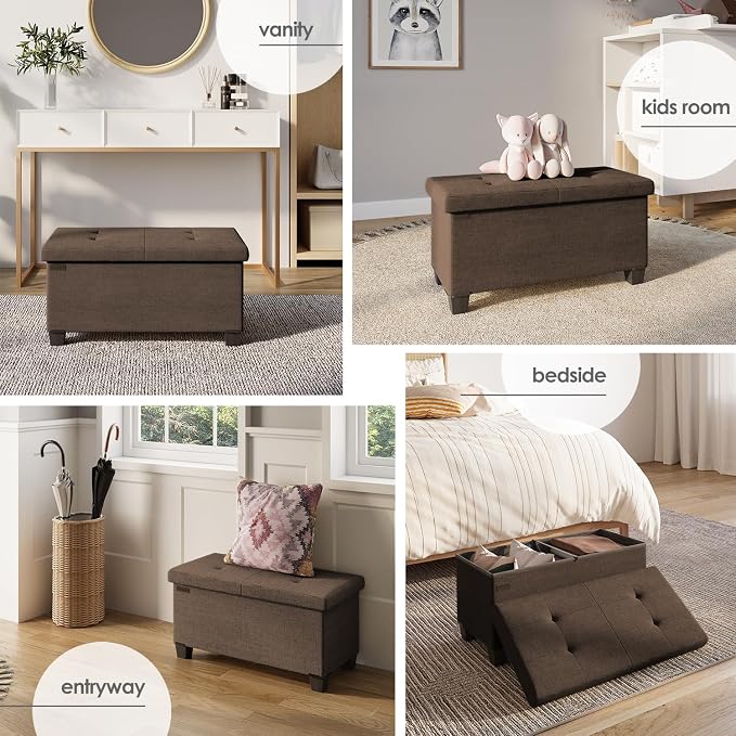 Storage Ottoman Bench with Bins, 30-in Storage Bench for Bedroom End of Bed, Folding Foot Rest Ottoman for Living Room Max 660lbs, Fabric Ottomans, Brown