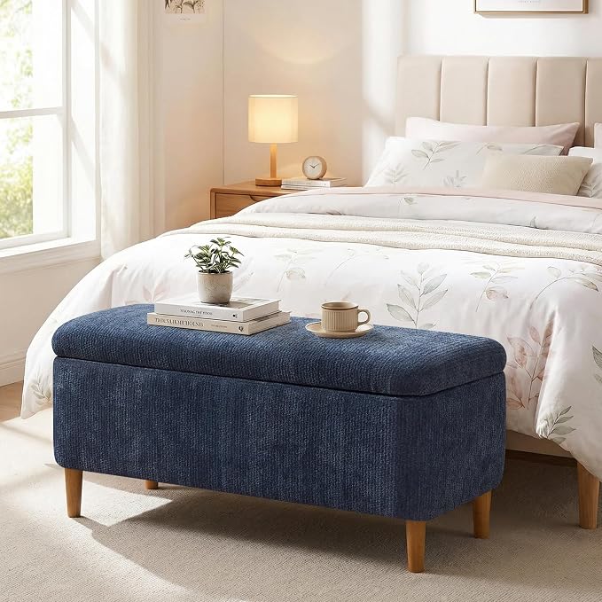 39.4" Ottoman with Storage Upholstered Storage Bench for Living Room | Modern Fabric End of Bed Bench Footstool with Wooden Legs Ottoman Bench for Window Hallway Entryway Bedroom Blue