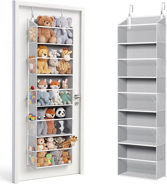ULG Stuffed Animal Organizer Over the Door, Large Hanging Plush Toy Storage with Mesh Window, Cotton Kids Toy Organizer for Bedroom, Nursery, Playroom & Baby Items Clear Grey
