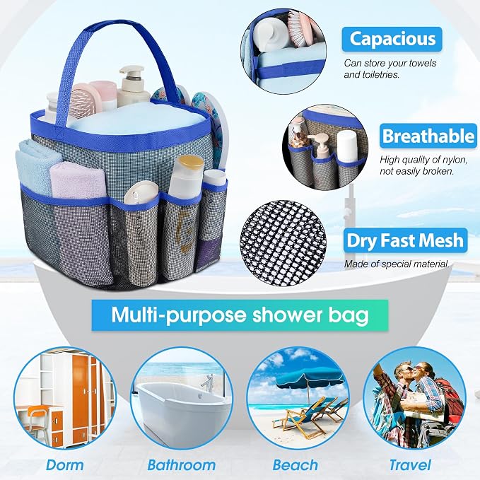 Mesh Shower Caddy Portable - 9 Pockets for College Dorm Room Essential | Large Capacity Mesh Shower Caddy with 9 Pockets, Portable Hanging Toiletry Bag for College Dorm, Gym, Camping and Beach