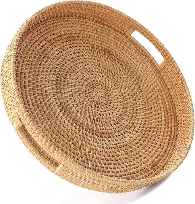 HITOMEN 14.2" Hand-Woven Round Rattan Serving Tray Decorative Ottoman Wicker Platter with Handles for Coffee Table, Breakfast, Drinks, Snack, Bread, Fruit, Vegetables (Natural-L)