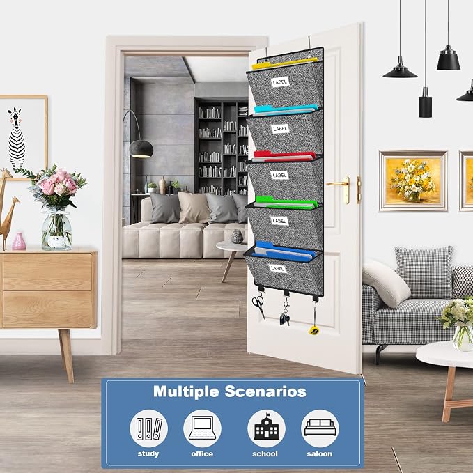 Over the Door File Organizer, Hanging Wall File Folders with 5 Large Pockets for Papers, Charts, Mails, Magazine, Office and Back To Supplies Storage and Organization (Black)