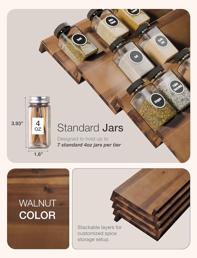 Tinamo Acacia Wooden Spice Rack Organizer for Cabinet - Spice Drawer Insert, Spice Organization for Cabinet, Seasoning Organizer, Spice Holder Pack of 8 (Walnut, Pack 8) | Acacia Wood Construction, No assembly, Stackable 4-tray design, Spacious for up ...
