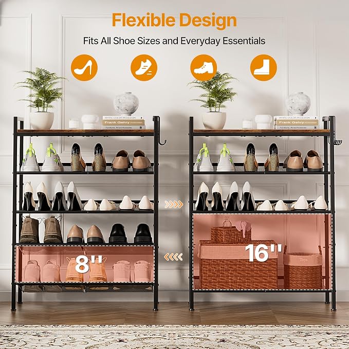 5 Tier Shoe Rack, Shoe Rack for Entryway with Hook, Shoe Organizer with Adjustable Mesh Shelves, Metal Shoe Storage, Closet, Bedroom Living Room Garage