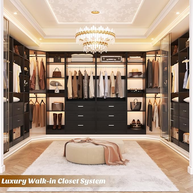 Besiost Corner Closet System with 3 Drawers, Corner Closet Organizer System with 13 Shelves & 3 Hanging Rods, 63.2"L * 39.2"W Reversible L Shaped Walk-in Closets, Load 2000+LBS, Black