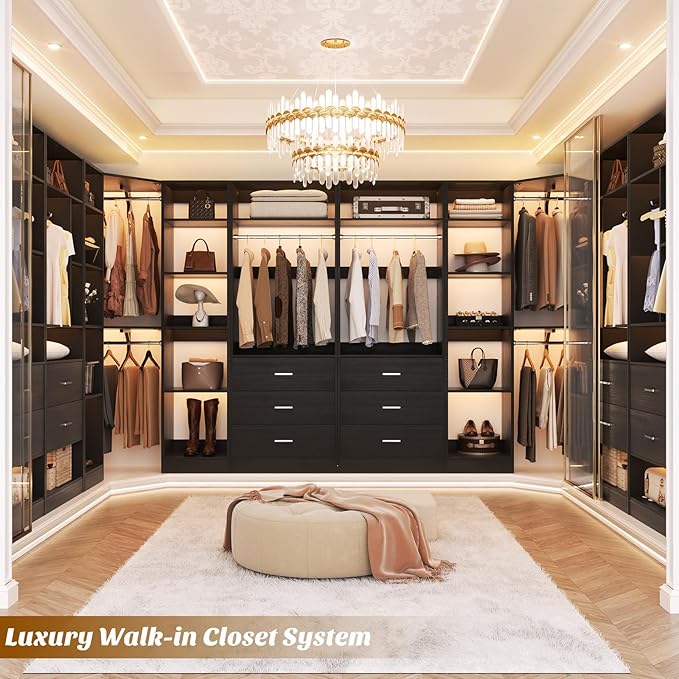 Besiost Corner Closet System with 5 Drawers, Closet Organizer System with 15+Shelvess & 4 Hanging Rods, 63.2"L * 63.2"W / 87.2"L * 39.2"W Reversible L Shaped Walk-in Closets, Load 2500+LBS, Black