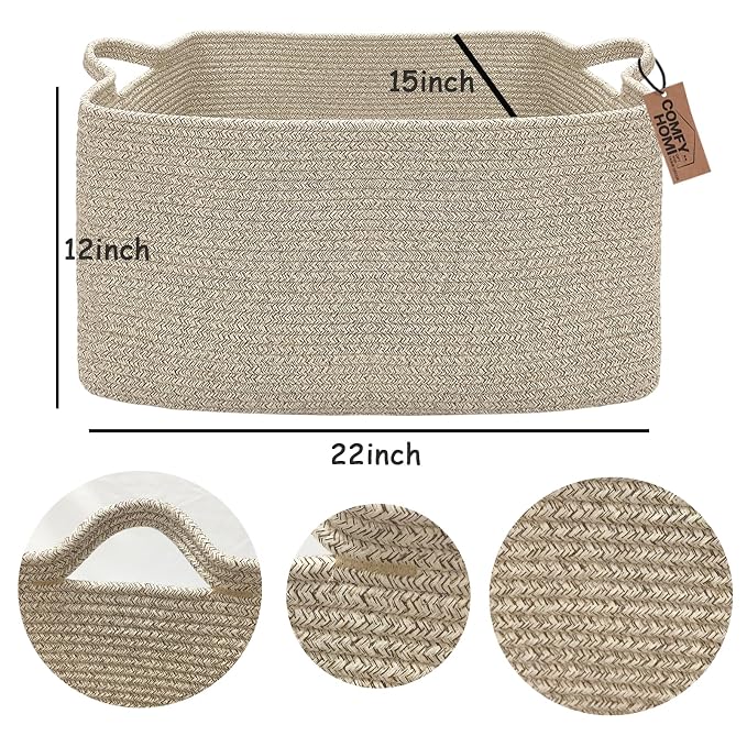 COMFY-HOMI Large Rectangular Blanket, Cotton Rope Woven for Storage, LaundryHamper, Storage,Toy Organizing Bin with Handle, Organizer and Storage-22x15x12-