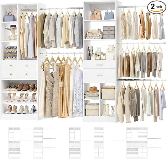 Besiost Closet System, Up to 128.6"/10.7 FT Closet Organizer with 4 Wooden Drawers and Shelves, Walk-in Closet System with 6 Hanging Rods, Built-in Closet Can Fit 96"/8FT, 120"/10FT, White Set 2