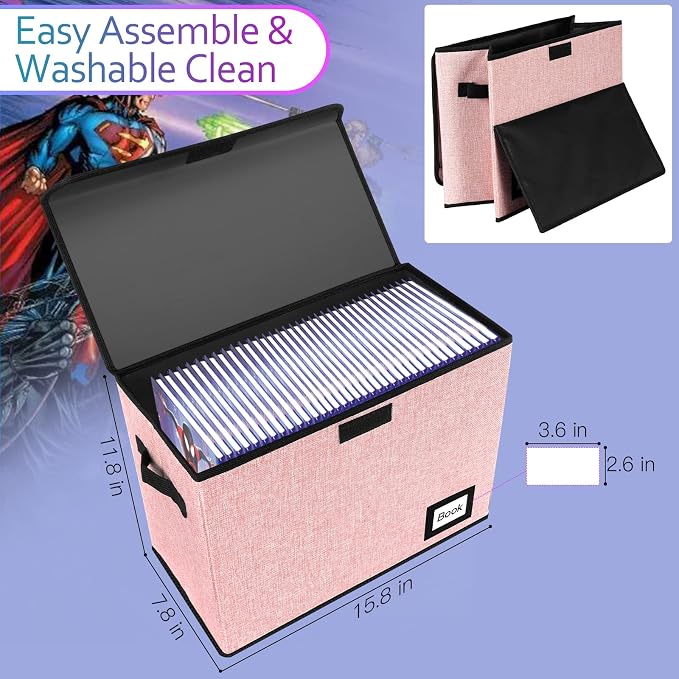 5 Pack Comic Book Storage Boxes, 15.8" X 7.8" X 11.8", Collapsible Comic Short Box, Holds 160-180 Collection Comic Book Container Holder Shelf Protector Organizer Bin (Pink)