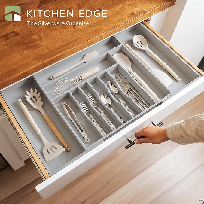KitchenEdge Silverware & Utensil Drawer Organizer, 18-33 in, Gray Bamboo | Cutlery, flatware, food-safe contract grade, kitchen drawer fit