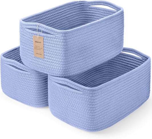 3-Pack Storage Baskets for Organizing | Woven Shelf Toy Basket | Rope Baskets for Gifts Empty | Closet Organizer Bins with Handles | Cube Decorative Box | 11.8×7.8×5.1”|Sky Blue