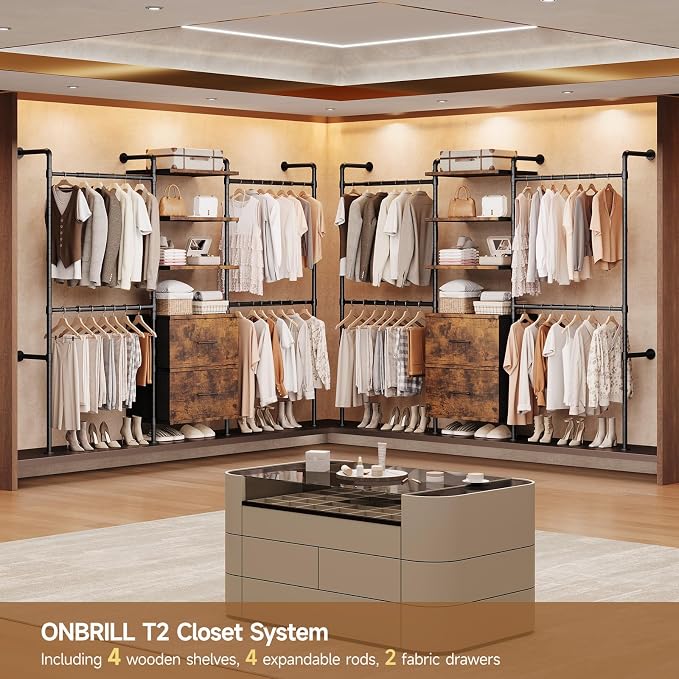 T3 Wall Mounted Industrial Pipe Closet Organizers Storage System | Metal Clothing Rack with 2 Drawers, 6 Wooden Shelves & 4 Expandable Rods, Heavy Duty Garment Rack, Wardrobe (Rustic Brown)