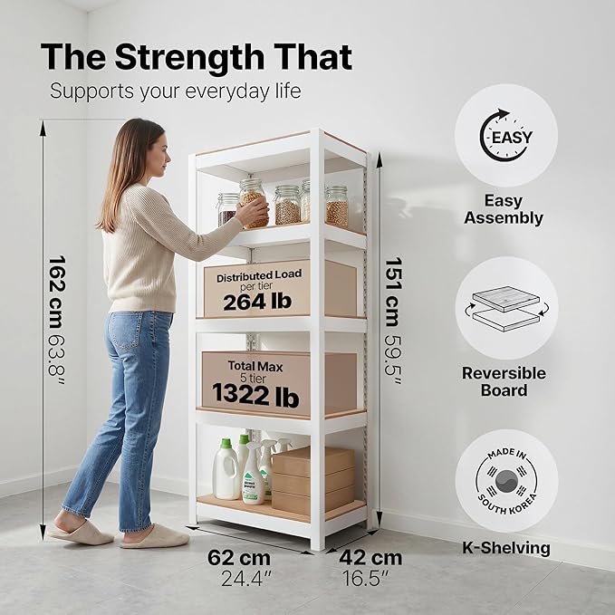 House 24.4" W 5 Tier Heavy Duty Garage Shelving Adjustable Metal Rack Storage Shelves Standing Shelf Unit Organizers Pantry Closet Office White 2Pack