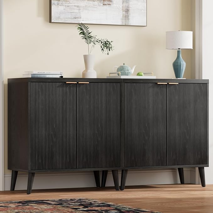 Homleke Fluted Buffet Cabinet with Storage, Modern Sideboard Cabinet | Double Doors, Adjustable Shelf, Accent Buffet Table for Kitchen, Dining Room, Living Room, Entryway & Hallway, Black