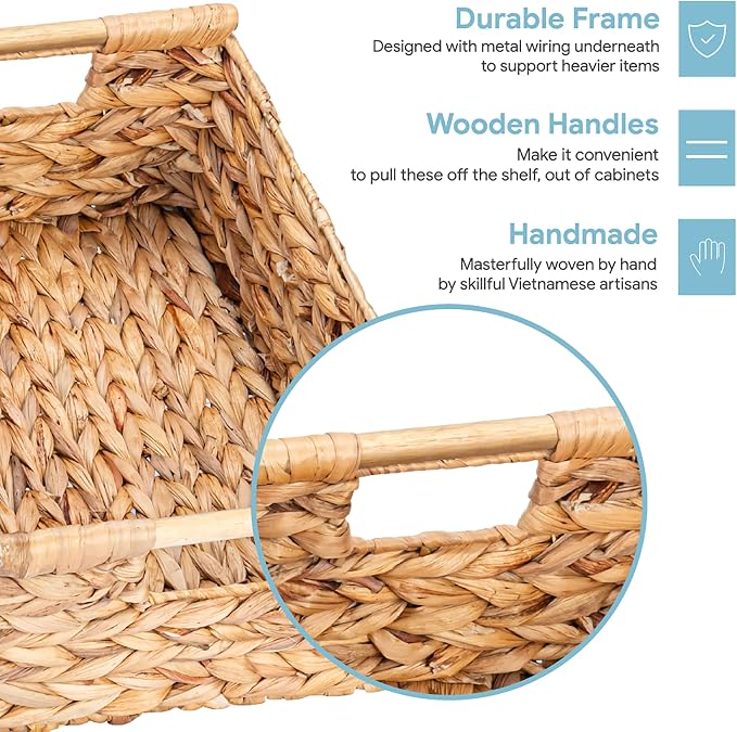 VATIMA Hyacinth Large Wicker Basket 15.5x10.8x6.2" | Rectangular, Wooden Handles, Shelf Organizer
