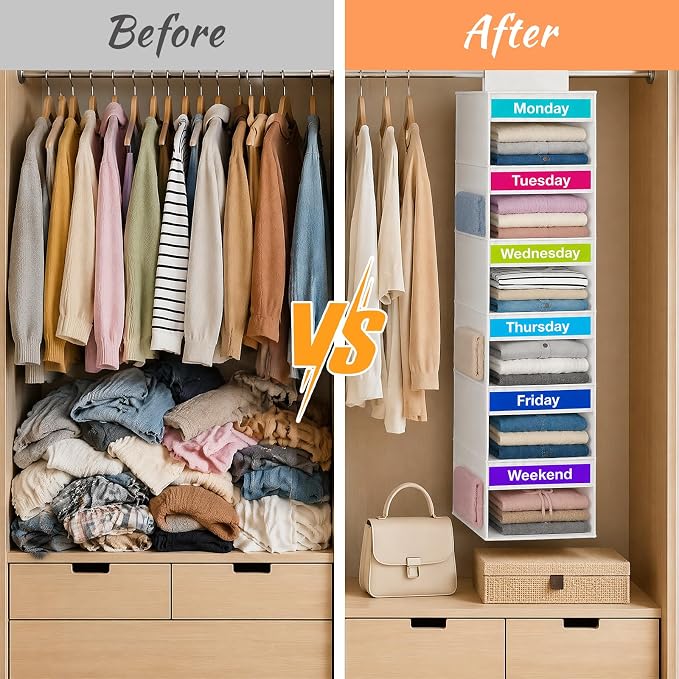Weekly Clothes Organizer for Closet, 6-Shelf Hanging Closet Organizer with 6 Side Pockets(White)