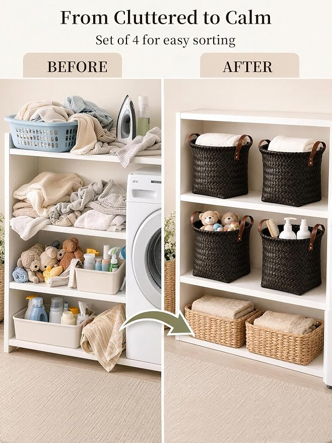 Wicker Storage Baskets, 4 Pack Woven Baskets for Shelves, Dark Gold | PP Rattan, Water-resistant Wicker Basket, Large Baskets with Faux Leather Handles for Blanket, Laundry Organizer, Room Decor