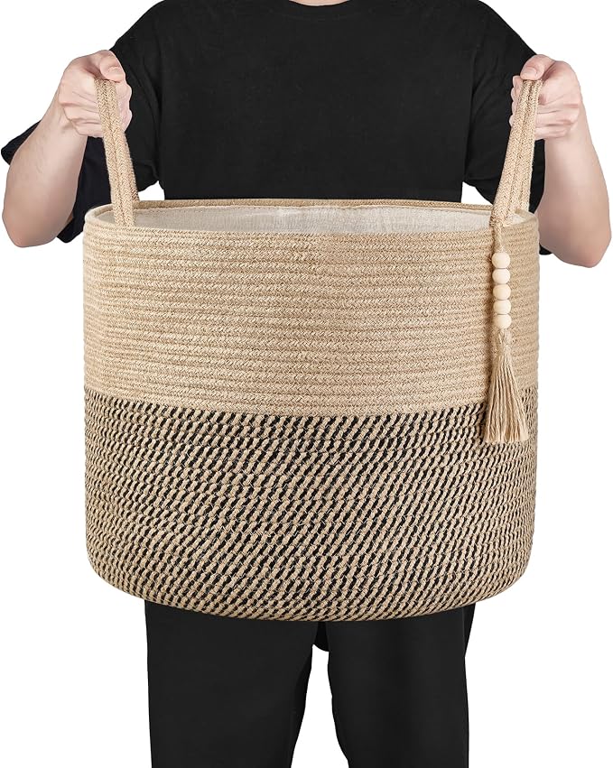 Mkono Woven Storage Basket Decorative Rope Basket Wooden Bead Decoration for Blankets,Toys,Clothes,Shoes,Plant Organizer Bin with Handles Living Room Home Decor, Yellow and Black, 16" W × 13.8" | Yellow and Black, Decorative Basket with Handle, Wood Be...