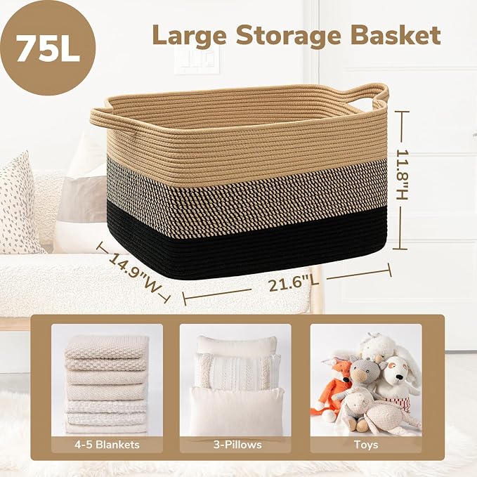Goodpick Wicker Blanket Basket, Rectangle Storage Organizer, Black Jute | 21.6 x 14.9 x 11.8 in, Reinforced Handles, Living Room, Bedroom & Nursery Organization, Blankets, Clothes & Toys Storage