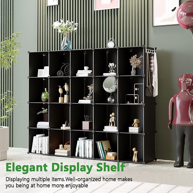 C&AHOME 20-Cube Shelf, Plastic Cube Storage Organizer, DIY Bookshelf Black | Stackable Modular Closet Cabinet Ideal for Bedroom, Living Room, Office, 48.4" L x 12.4" W x 60.6" H