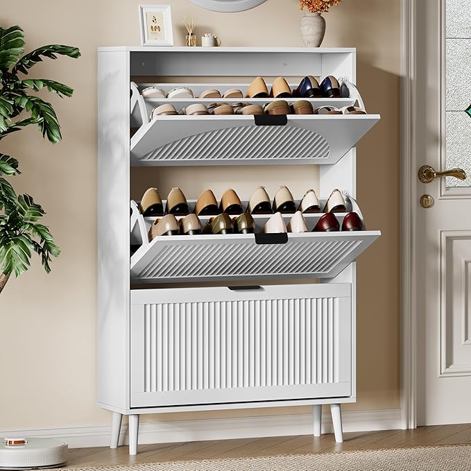 Xixini Shoe Storage Cabinet with 3 Flip Drawers, 50" Tall Narrow Wood Fluted Shoe Organizer for Entryway, Freestanding Wooden Hidden Slim Shoe Rack for Front Door Entrance, Hallway, Foyer, Solid White