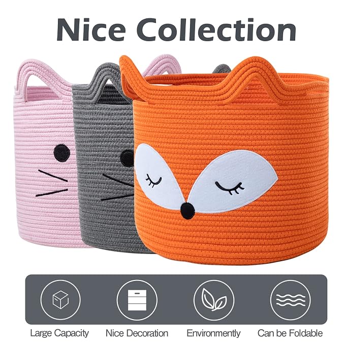 VK VK·LIVING Fox Toy Basket Cotton Rope Animal Baskets Orange Laundry Hamper for Toys, Clothes,Gifts,Towels, Blankets, Empty Gift Basket for Organizing with Handles 15''x14''