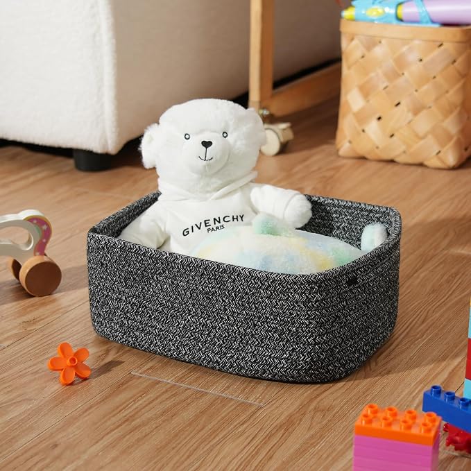 3-Pack Shelf Baskets for Organizing, Closet Organizer Bins, Small Woven Baskets, Rope Toy Basket, Storage Basket for Shelves, Cube Decorative Box, 11.8×7.8×5.1”, Mixed Black