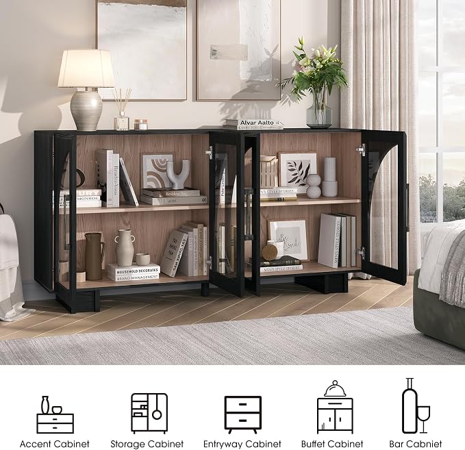 JOINICE 63” Sideboard Buffet Cabinet with Storage for Dining Room,Black | Modern Accent Console Cabinet with Arched Glass Doors,supports up to 100 lbs,Adjustable Shelves,for Kitchen,Entryway